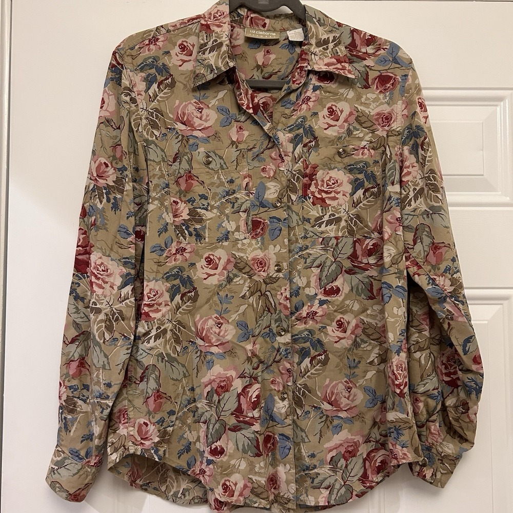 Liz Claiborne Vintage Floral Button Up Blouse Taupe Cottagecore Medium Rose Pink
